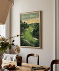 Highlights a tournament-style golf poster print with clubhouse on the horizon