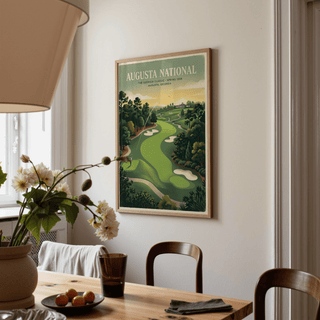 Highlights a tournament-style golf poster print with clubhouse on the horizon