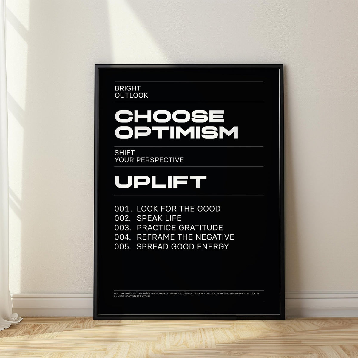 Affirmation Print in bold black and white typography with uplifting mindset quotes.