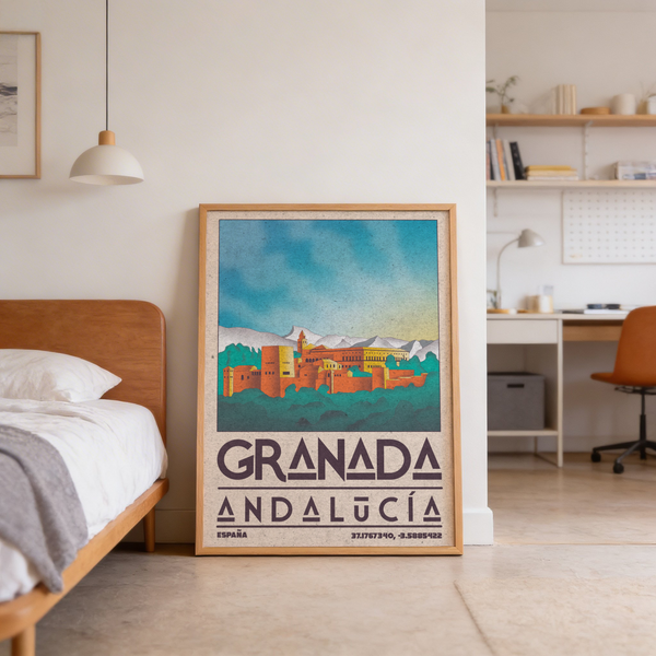 Textured paper-look background on Granada travel wall art poster