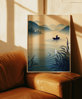 Quiet lake scene wall art print with reeds in the foreground and distant hills