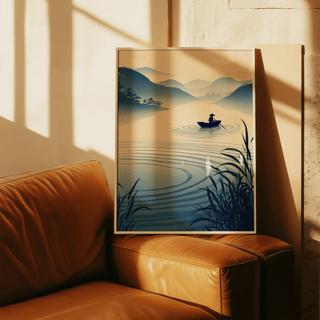 Quiet lake scene wall art print with reeds in the foreground and distant hills