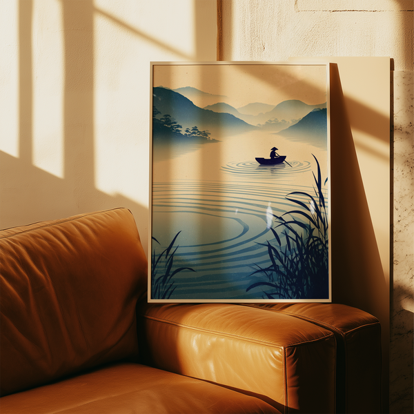 Quiet lake scene wall art print with reeds in the foreground and distant hills