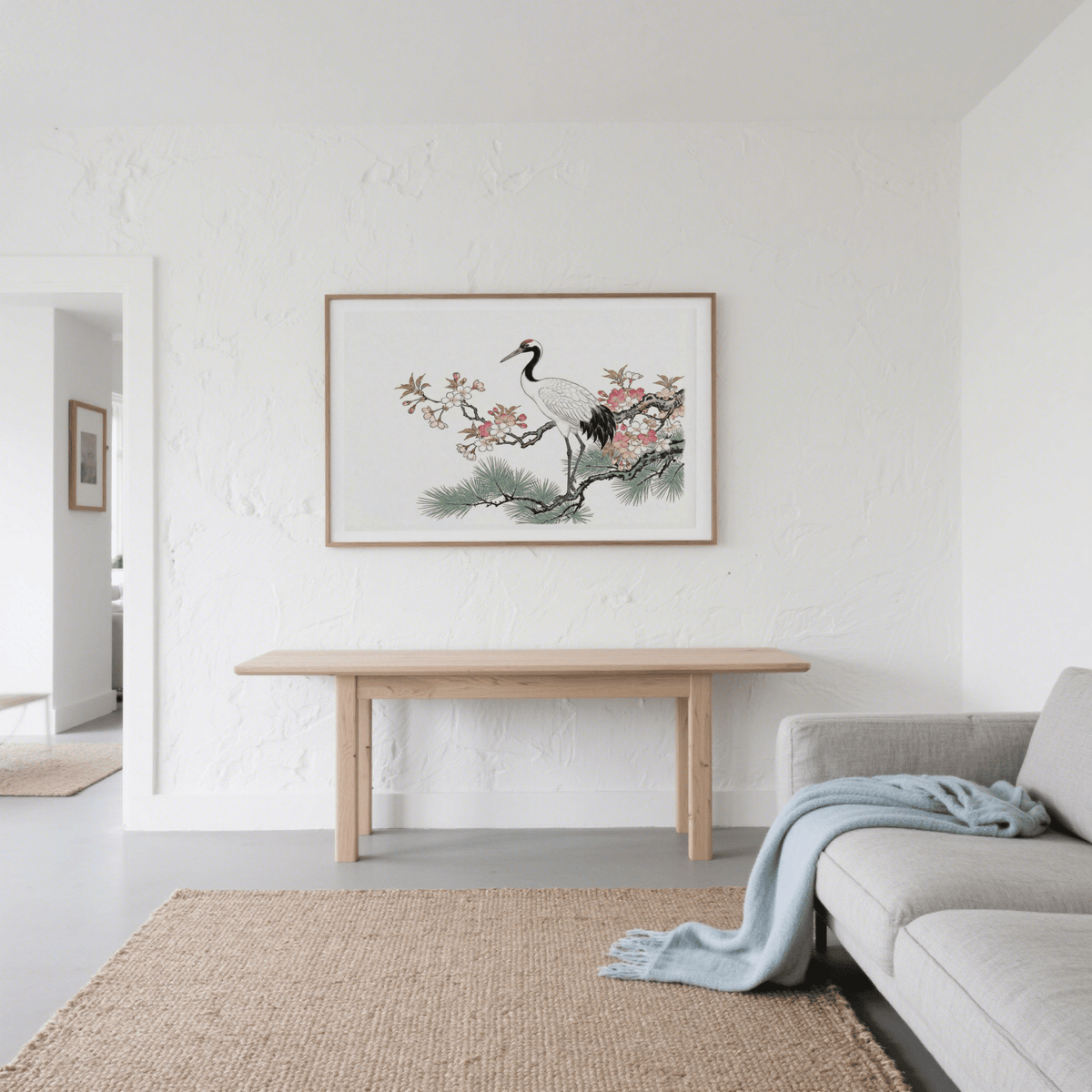 Minimal ink illustration poster of a crane among cherry blossoms with open negative space
