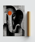 Stylized Ganesh wall art print with strong central motif, negative space, and layered background blocks