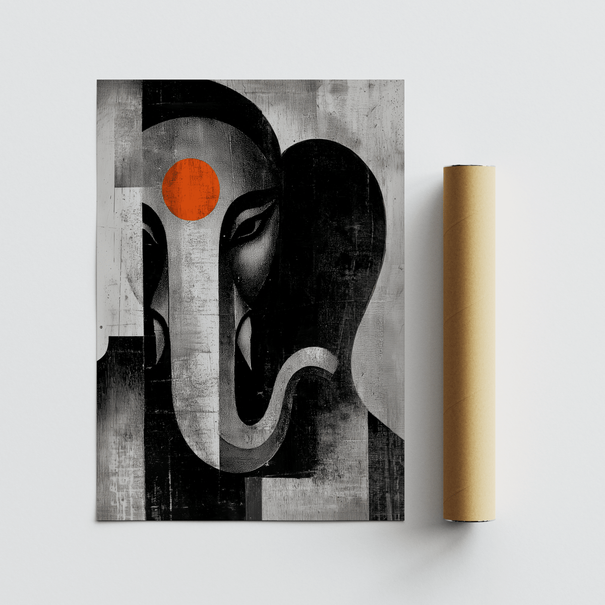 Stylized Ganesh wall art print with strong central motif, negative space, and layered background blocks