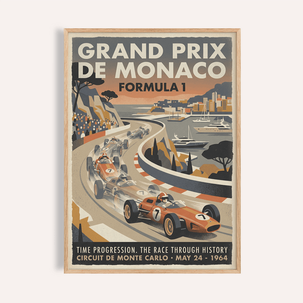Vintage Racing Print showing Monaco street circuit with open-wheel cars