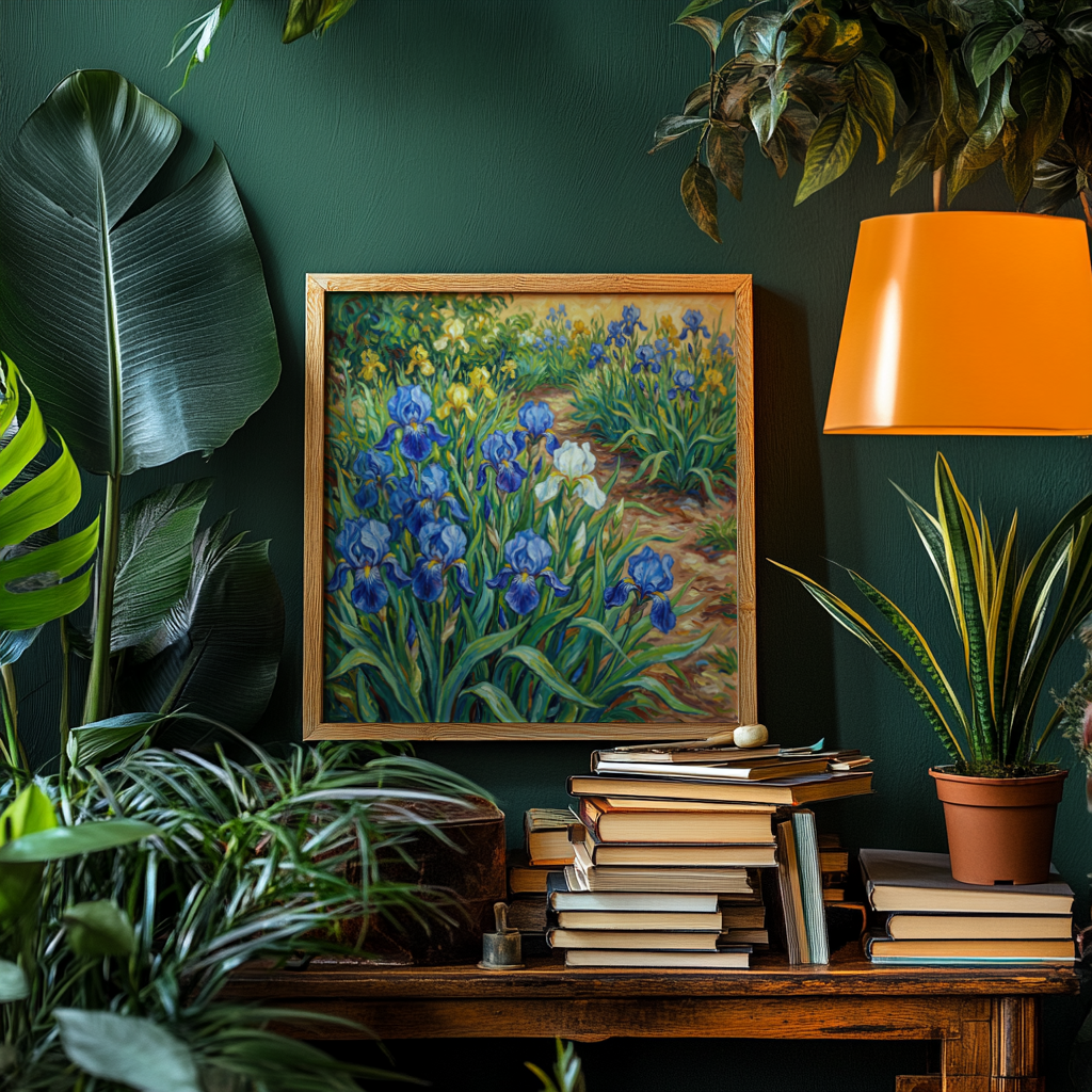 Blue Iris Art Print of lush blue irises for home interior