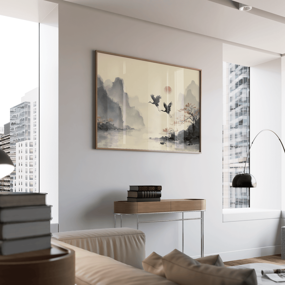 Traditional Ink Wall Art, Red sun accent in minimalist bedroom wall art