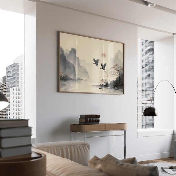 Traditional Ink Wall Art, Red sun accent in minimalist bedroom wall art