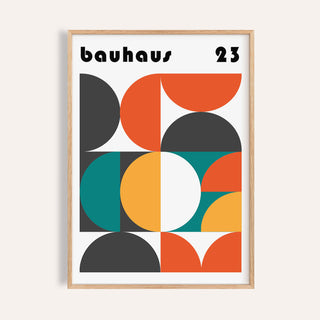 Framed MCM wall art with colourful geometric shapes and bauhaus text in black on white