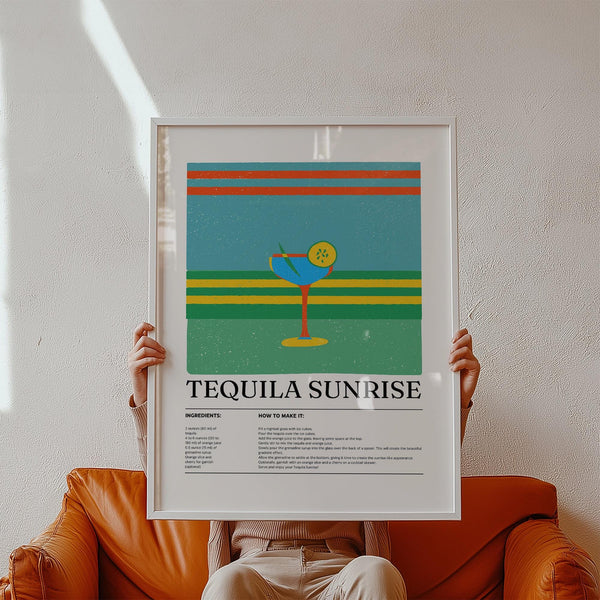 Tequila wall art showing Tequila Sunrise cocktail with retro color stripes.