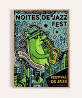 Lisbon Jazz Poster of sax player with swirling notes and skyline