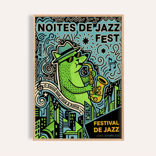 Lisbon Jazz Poster of sax player with swirling notes and skyline