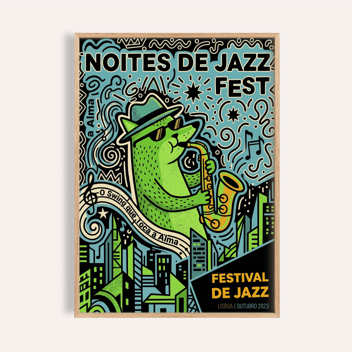 Lisbon Jazz Poster of sax player with swirling notes and skyline
