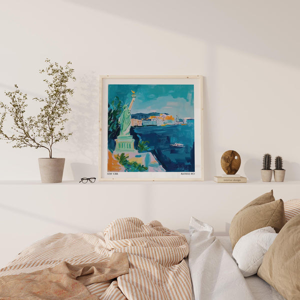 New York holiday print with harbor view and vibrant skyline in Holiday Posters.