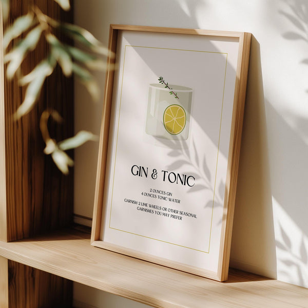 Gin and Tonic wall art with sleek serif font and neutral background.