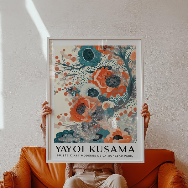 Teal and orange wall art with flowing petals and graphic botanical forms