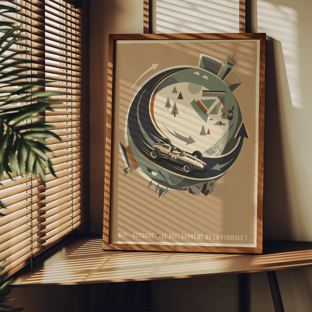 Vintage-style motorsport wall art print with race car, looping road, and French text at the bottom