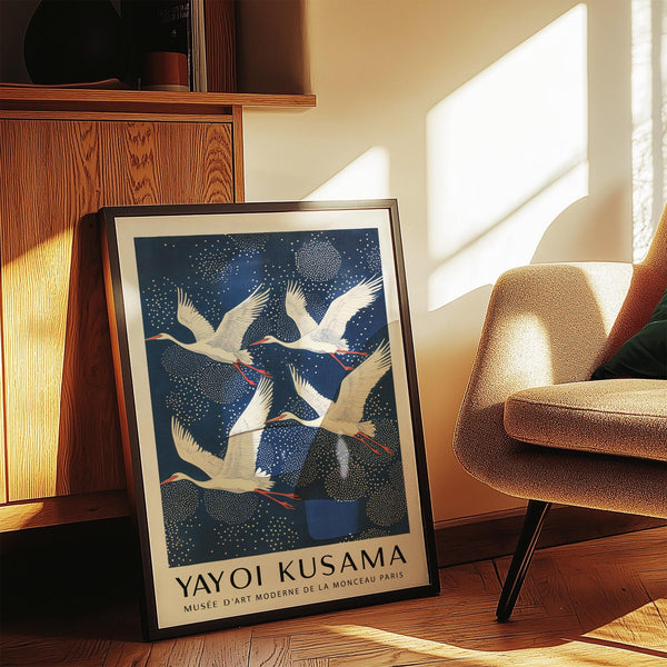 Cranes in motion artwork in Blue and White Prints style with soft dot patterns.