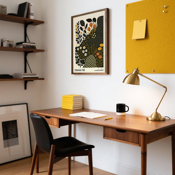 Modern daisy art featuring white-petaled blooms on dark background.