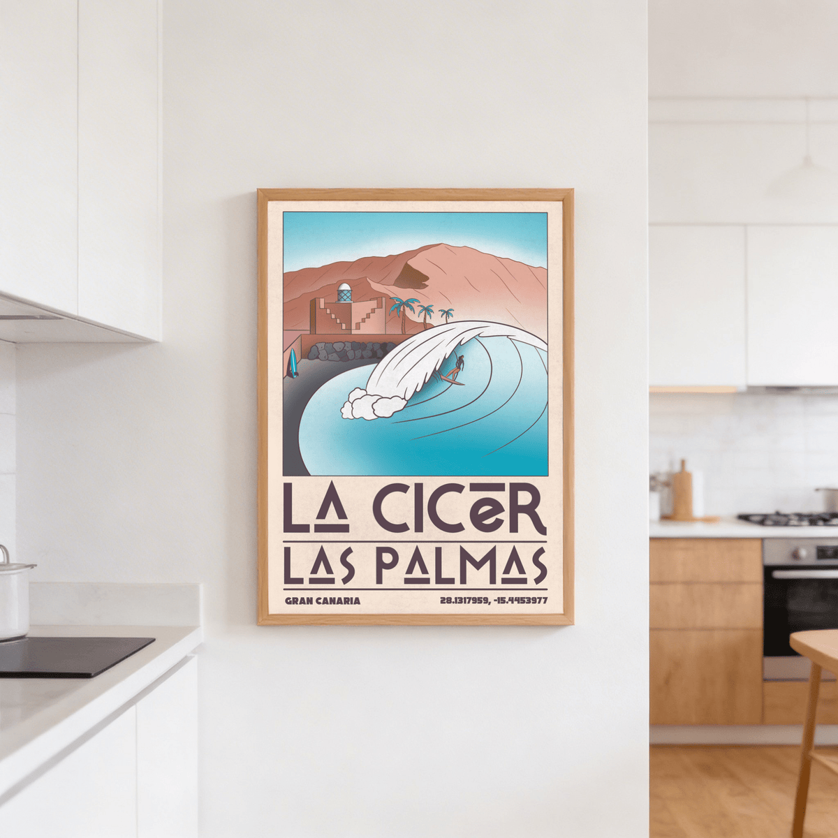 Landscape-style wall art poster with palm trees, shoreline surfboard, and layered mountains in the background