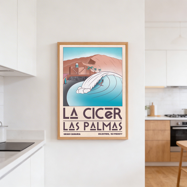 Landscape-style wall art poster with palm trees, shoreline surfboard, and layered mountains in the background