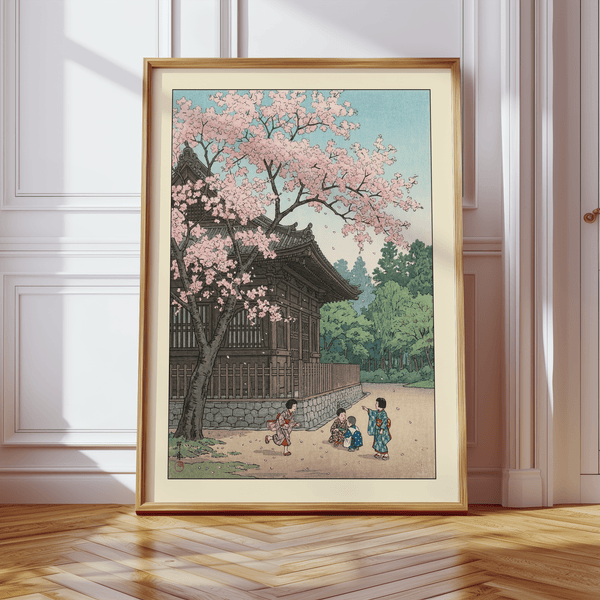 Detail crop of Hasui Kawase Poster focusing on falling petals and kimono patterns