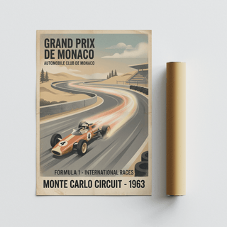 Illustrated racing artwork capturing sweeping corner, motion trails, and coastal backdrop