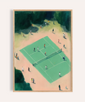 Overhead tennis court wall art poster with net, court lines, and tiny figures