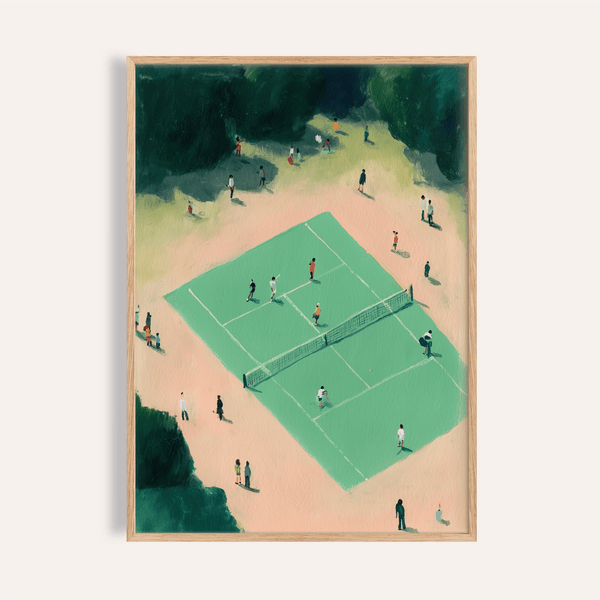 Overhead tennis court wall art poster with net, court lines, and tiny figures
