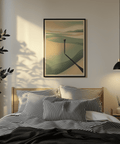 Modern wall art of curved bands suggesting rolling fairway at sunrise