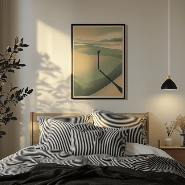 Modern wall art of curved bands suggesting rolling fairway at sunrise