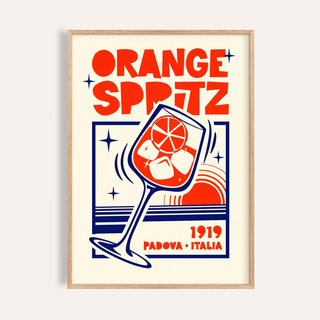 Bold Orange Spritz Poster with tilted cocktail glass and citrus slice illustration