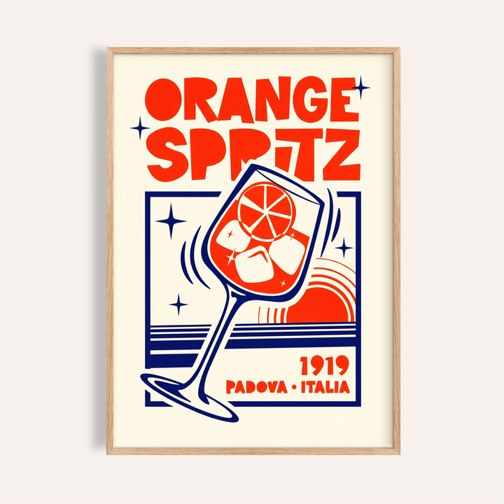 Bold Orange Spritz Poster with tilted cocktail glass and citrus slice illustration