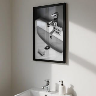 Simple bar of soap next to a sleek wash hands sign in bathroom.