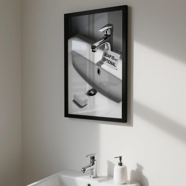 Simple bar of soap next to a sleek wash hands sign in bathroom.