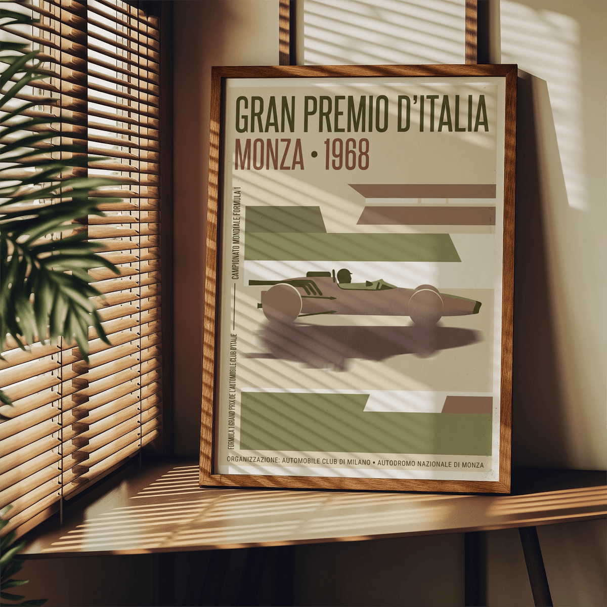 Graphic race car poster print with central car silhouette, vertical side text, and wide negative space