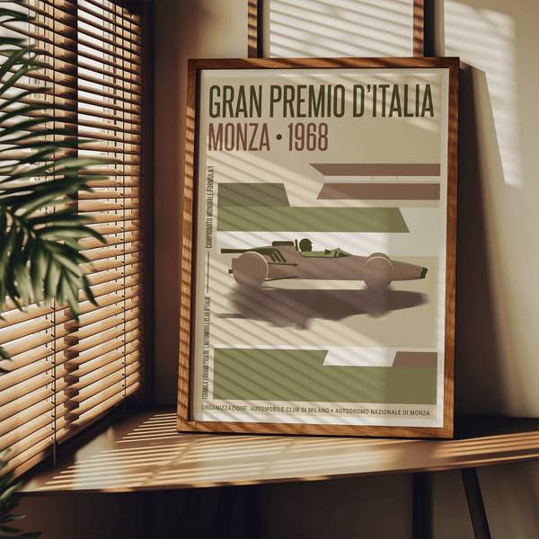 Graphic race car poster print with central car silhouette, vertical side text, and wide negative space