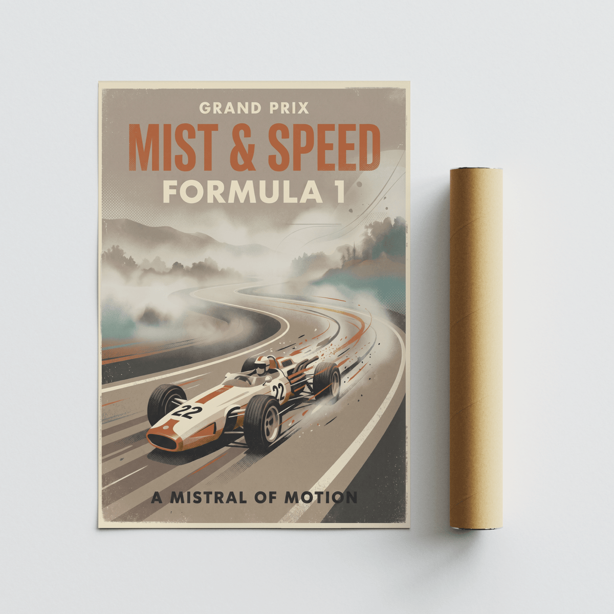 Close-up racing wall art poster of a Formula 1 car number 22 with motion marks behind the tires