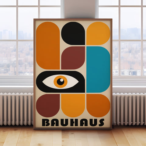 Abstract Bauhaus wall art with eye motif in deep brown, orange, teal, and black