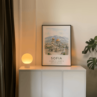 Cityscape poster of Sofia with domed landmark and street tram illustration