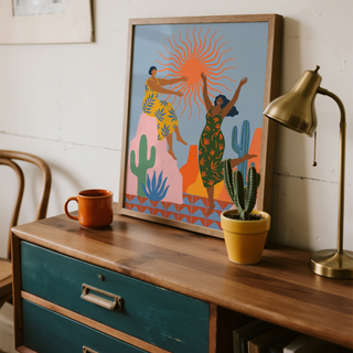 Sunset Women Art Print with stylized women, cactus silhouettes, and layered hills