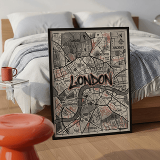 Graphic London neighborhood map poster with layered outlines, labels, and urban doodles