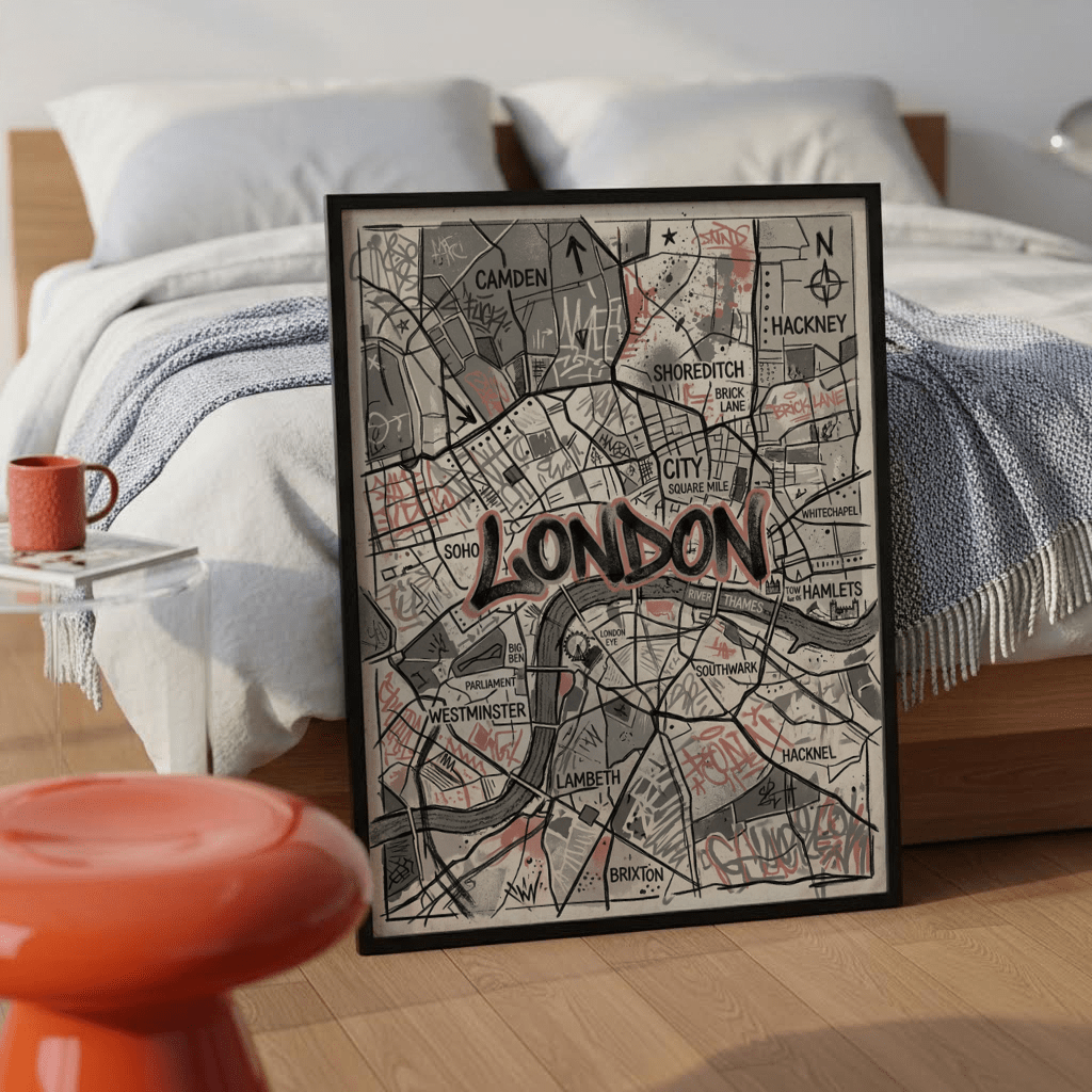 Graphic London neighborhood map poster with layered outlines, labels, and urban doodles