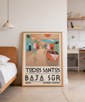 Surfboard-toting figure walking past palm trees in colorful Mexican town poster