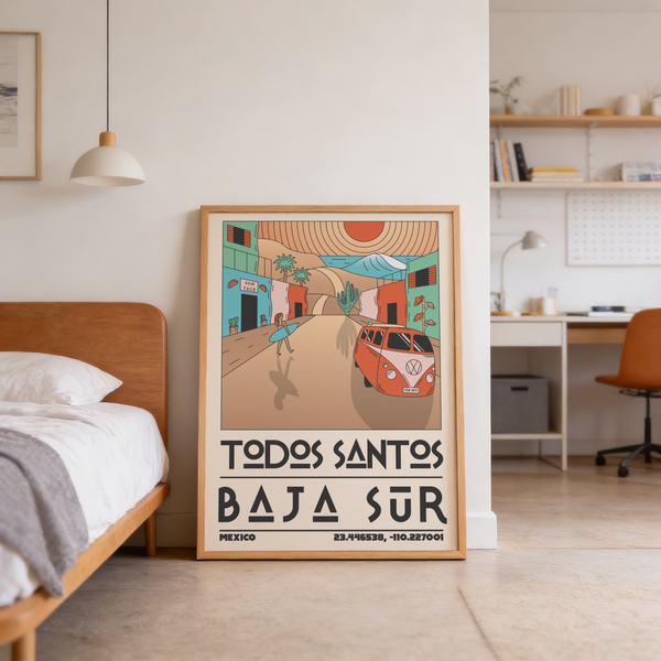 Surfboard-toting figure walking past palm trees in colorful Mexican town poster