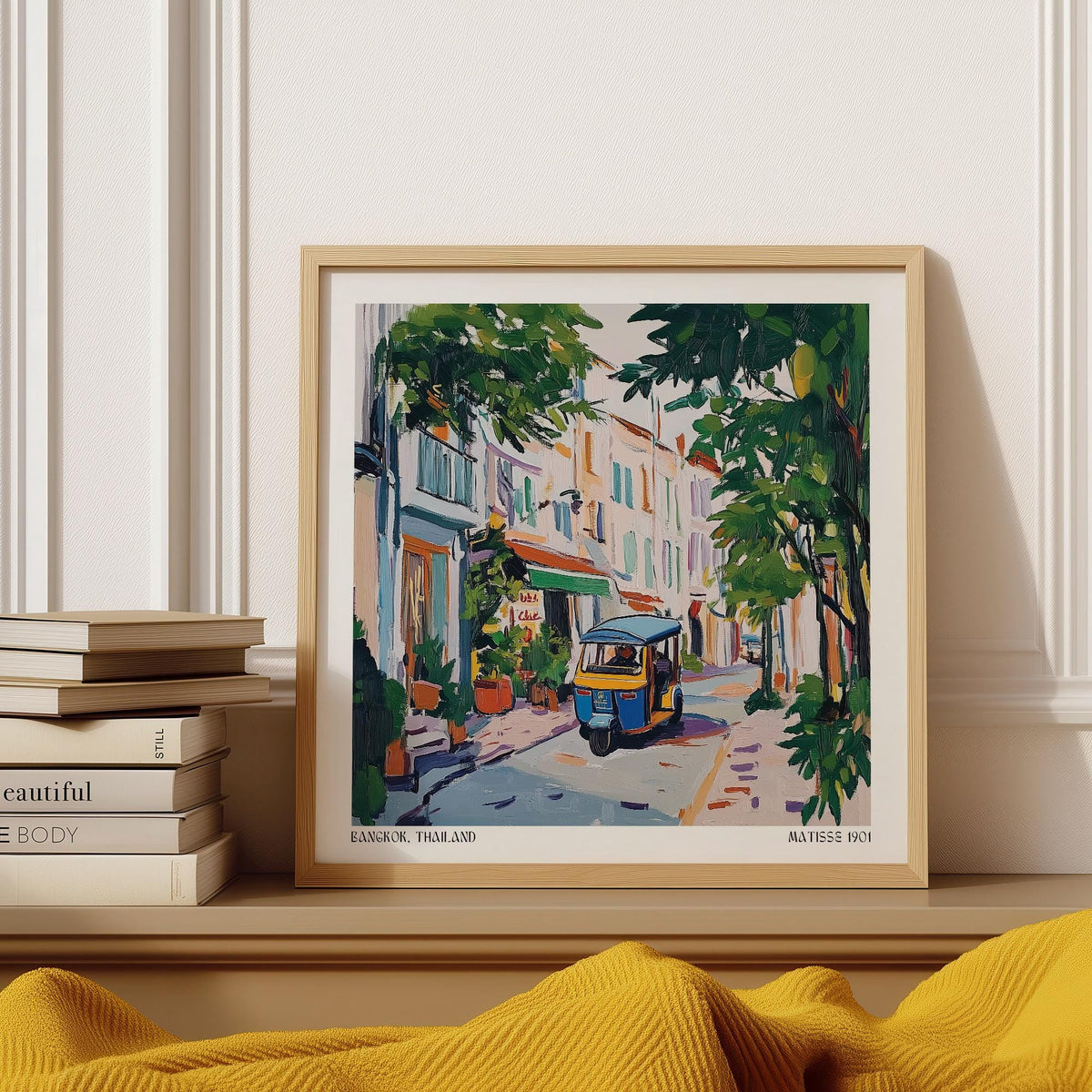 Painterly Bangkok scene in holiday prints with pastel buildings

