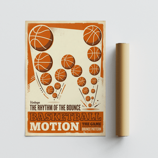 Old-school sports wall art print showing repeated basketball icons and curved motion lines