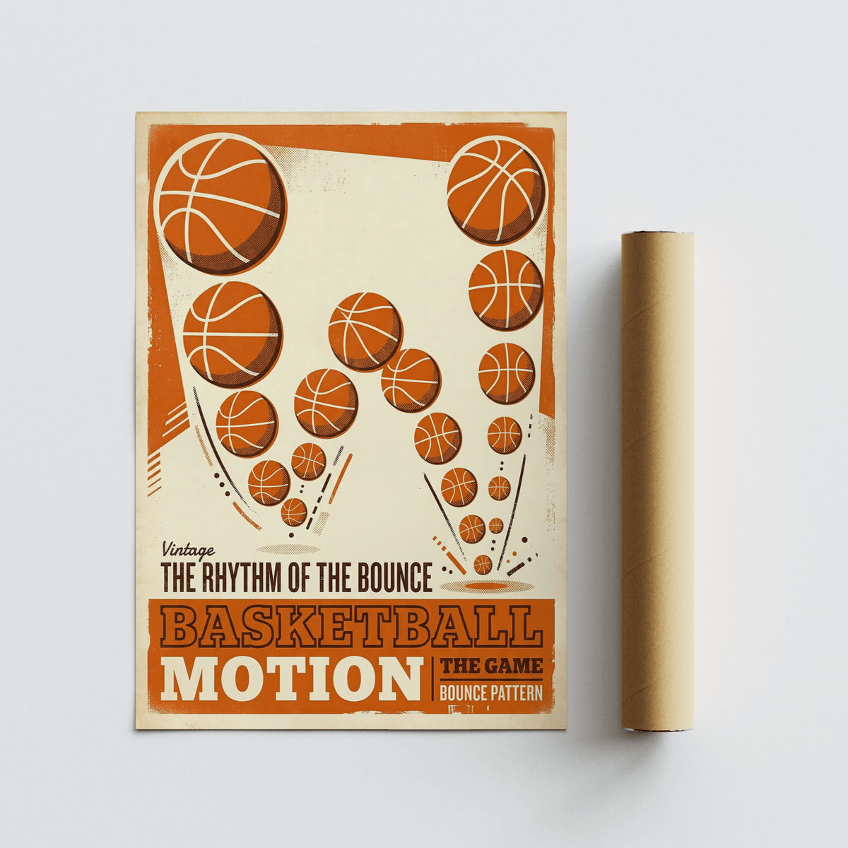 Old-school sports wall art print showing repeated basketball icons and curved motion lines